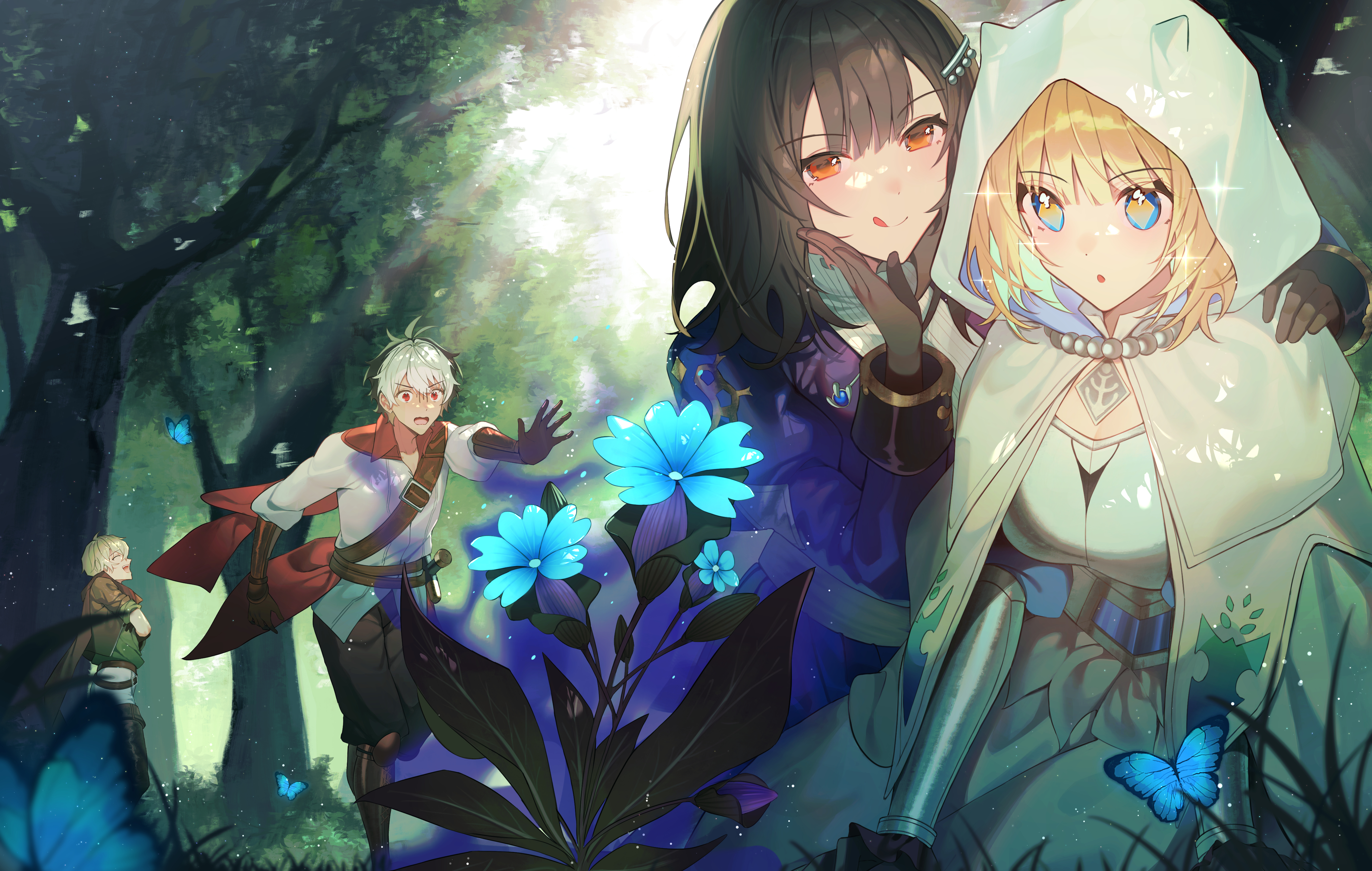 2boys 2girls absurdres belt black_gloves black_hair black_jacket black_pants blonde_hair blue_eyes blue_flower brown_belt brown_dust_(series) brown_dust_2 brown_eyes cloak day flower gloves gray_(brown_dust) hand_on_another's_shoulder highres hood hooded_cloak jacket juliet_sleeves justia_(brown_dust) justia_(white_reaper)_(brown_dust) lathel_(brown_dust) licking_lips long_hair long_sleeves multiple_boys multiple_girls open_clothes pants puffy_sleeves scheherazade_(brown_dust) scheherazade_(the_lapis_witch)_(brown_dust) shirt shotgunman tongue tongue_out tree white_cloak white_hair white_shirt