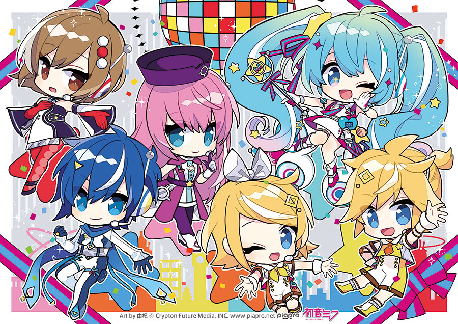 2boys 4girls absurdly_long_hair aqua_hair belt blonde_hair blue_bow blue_eyes blue_gloves blue_hair blue_necktie blue_ribbon boots bow brown_eyes brown_hair chibi clenched_hand closed_mouth collared_dress detached_sleeves dress flipped_hair floating gloves gradient_hair hair_bow hair_ornament hand_on_own_chest hat hatsune_miku headset heart high-low_skirt holding holding_wand index_finger_raised kagamine_len kagamine_rin kaito_(vocaloid) knee_boots knees_together_feet_apart long_hair looking_at_viewer magical_mirai_(vocaloid) magical_mirai_kaito magical_mirai_kaito_(2022) magical_mirai_len magical_mirai_len_(2022) magical_mirai_luka magical_mirai_luka_(2022) magical_mirai_meiko magical_mirai_meiko_(2022) magical_mirai_miku magical_mirai_miku_(2022) magical_mirai_rin magical_mirai_rin_(2022) medium_hair megurine_luka meiko_(vocaloid) microphone microphone_wand multicolored_eyes multicolored_hair multiple_boys multiple_girls neckerchief necktie official_art one_eye_closed open_mouth orange_bow outstretched_arm outstretched_arms pink_boots pink_bow pink_dress pink_eyes pink_gloves pink_hair pink_necktie pink_ribbon ponytail purple_dress purple_gloves purple_headwear radio_antenna reaching reaching_towards_viewer red_gloves ribbon rocket_ship second-party_source short_ponytail sidelocks sleeveless sleeveless_dress smile spacecraft standing star-shaped_pupils star_(symbol) star_hair_ornament streaked_hair symbol-shaped_pupils thigh_strap twintails two-tone_bow two-tone_gloves two-tone_necktie two-tone_ribbon very_long_hair vocaloid wand white_bow white_dress white_footwear white_gloves white_hair wrist_cuffs yellow_neckerchief yoshiki