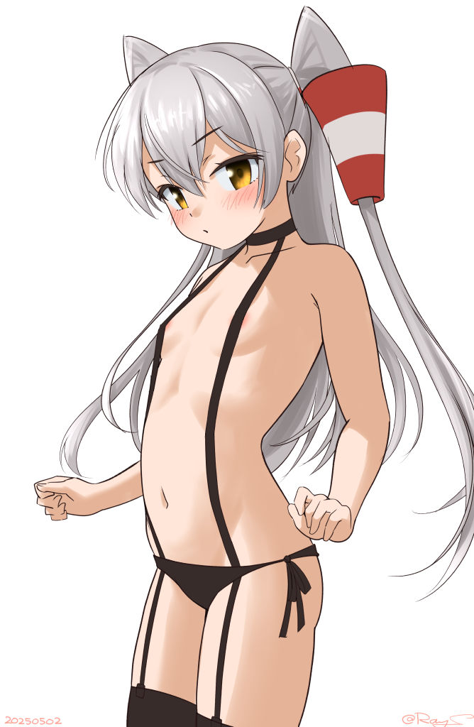 1girl amatsukaze_(kancolle) areola_slip artist_name bare_shoulders black_choker black_panties black_thighhighs blush brown_eyes choker collarbone cowboy_shot flat_chest garter_straps grey_hair hair_between_eyes kantai_collection long_hair looking_at_viewer navel one-hour_drawing_challenge panties ray.s side-tie_panties simple_background solo standing thighhighs underwear white_background