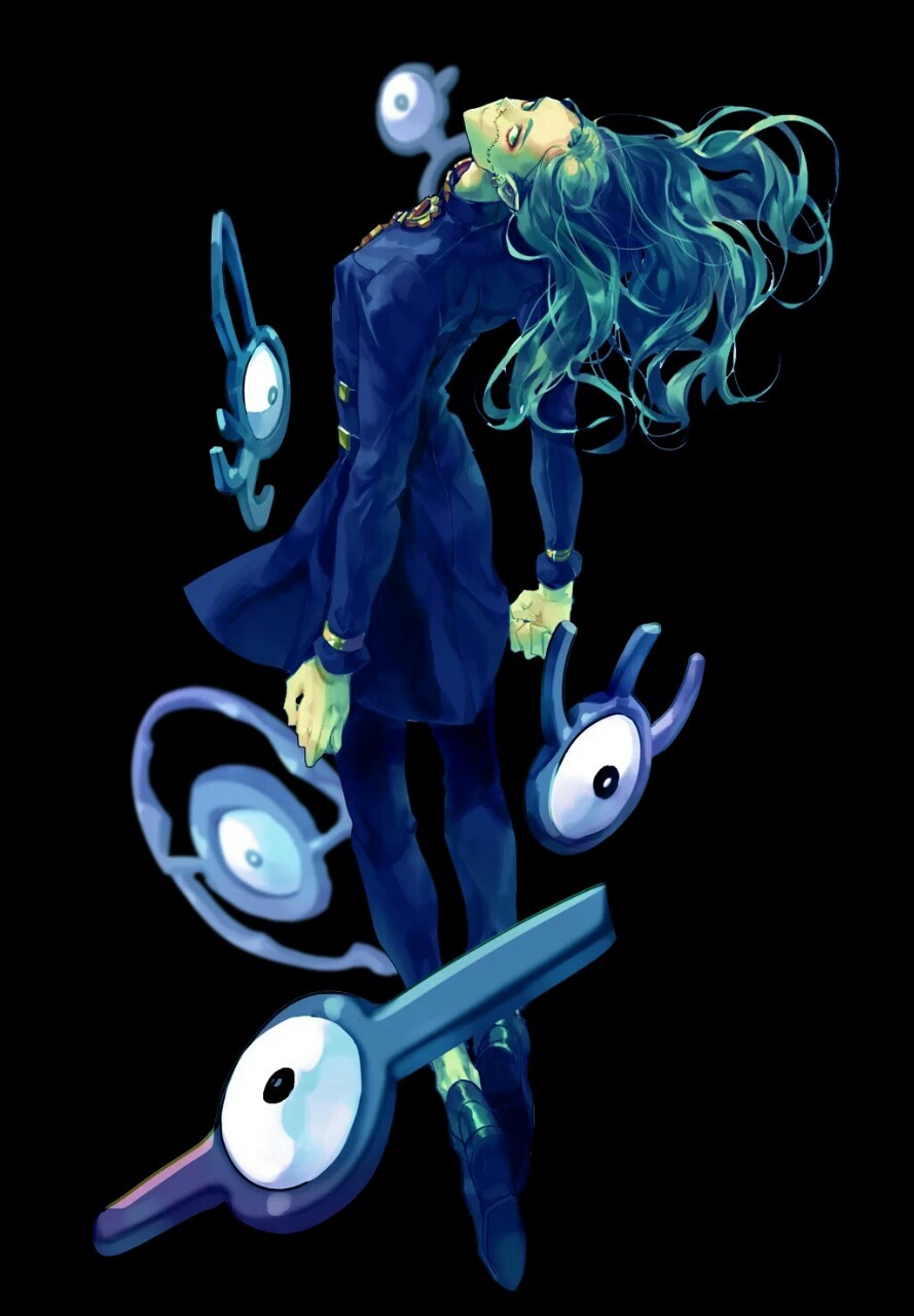 1boy bad_id bad_pixiv_id crossover earrings face_piercing from_behind gakuran gen_2_pokemon green_eyes green_hair hazekura_mikitaka highres jewelry jojo_no_kimyou_na_bouken long_hair looking_back male_focus midair nintendo nose_piercing piercing pointy_ears pokemon pokemon_(creature) school_uniform unown unown_b unown_c unown_f unown_i unown_w yelsh