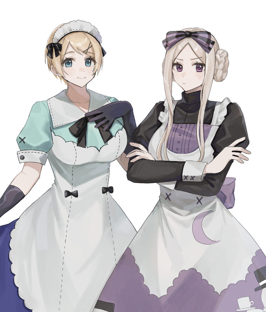2girls alternate_costume alternate_hairstyle apron axis_powers_hetalia back_bow belarus_(hetalia) black_bow black_bowtie black_gloves black_shirt blue_dress blue_eyes bow bowtie breasts buttons closed_mouth cowboy_shot crescent crescent_print crossed_arms dress elbow_gloves gloves hair_ornament hand_on_own_chest hand_up himoon666 juliet_sleeves large_breasts leather leather_gloves long_sleeves looking_at_viewer maid_headdress multiple_girls puffy_short_sleeves puffy_sleeves purple_bow purple_dress purple_eyes shirt short_hair short_hair_with_long_locks short_sleeves siblings simple_background sisters smile standing two-tone_dress ukraine_(hetalia) v-shaped_eyebrows white_apron white_background white_hair x_hair_ornament