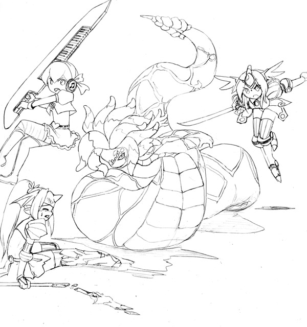 4girls belt broken broken_weapon camel_(dansen) headphones heart instrument keytar lamia long_hair minarai_(camel) monochrome monster_girl multiple_girls musical_note original ponytail rattlesnake short_hair striped_legwear sword tentacle_hair tojiko_(camel) weapon