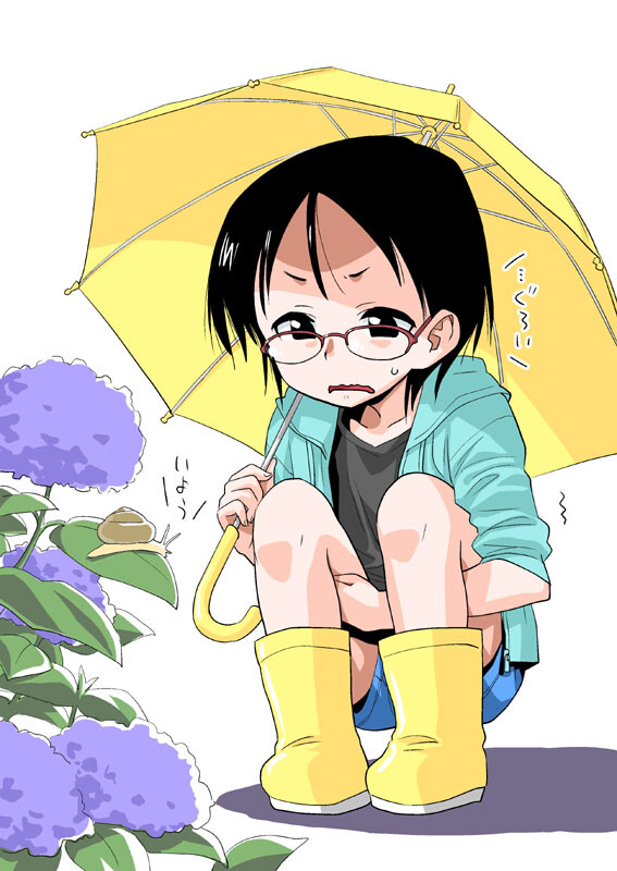 1girl aqua_jacket blue_shorts boots disgust drawstring flower glasses holding holding_umbrella hood hooded_jacket jacket leaf nishinozawa_kaorisuke open_clothes open_jacket original parted_lips purple_flower rubber_boots short_shorts shorts simple_background snail solo squatting sweatdrop umbrella white_background yellow_boots yellow_umbrella
