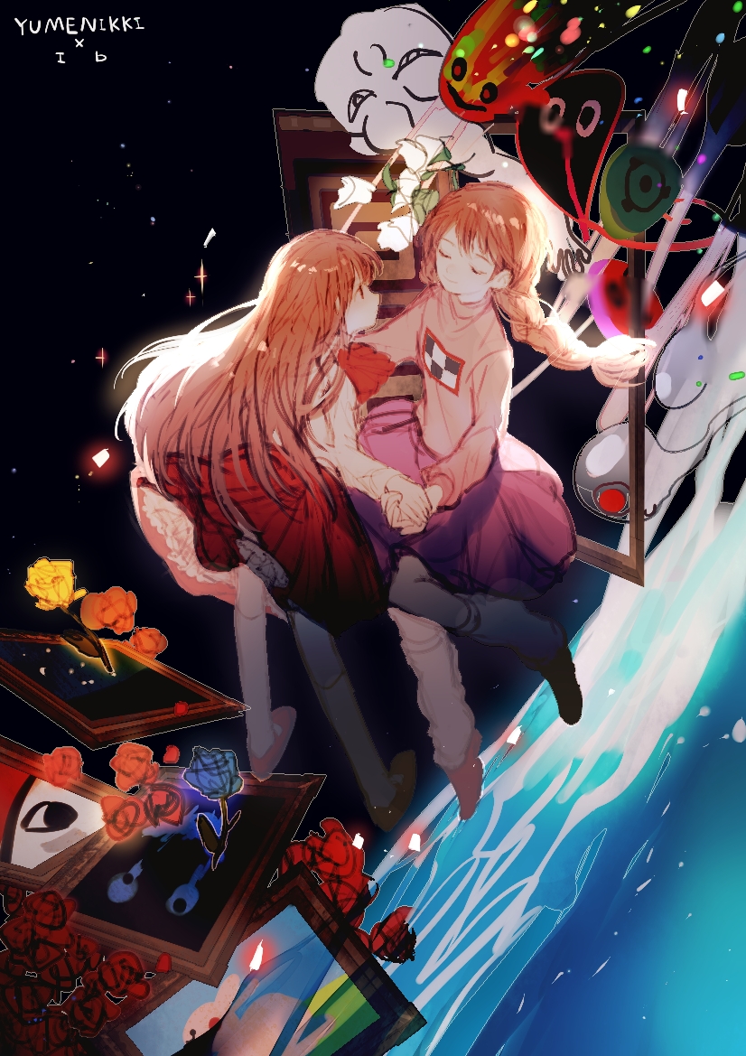 2girls ascot blue_flower blue_rose braid brown_hair character_request closed_eyes commentary_request copyright_name crossover expressionless face-to-face facing_another floating floating_hair flower frog_character_(yume_nikki) full_body holding_hands ib_(ib) ib_(kouri) kyukkyu-kun leg_warmers long_hair long_sleeves looking_at_another madotsuki mary_janes multiple_girls over-kneehighs painting_(object) petticoat pink_sweater print_sweater purple_skirt red_ascot red_eyes red_flower red_footwear red_rose red_skirt rose shirt shoes skirt smile socks sweater takofuusen thighhighs turtleneck water wheelie_(yume_nikki) white_flower white_shirt white_socks xgshjsgha yellow_flower yellow_rose yume_nikki
