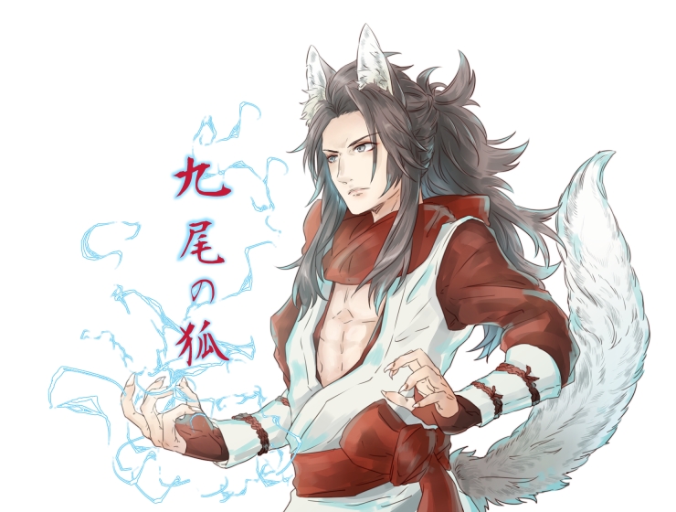 1boy animal_ears breasts brown_hair cleavage cosplay fire_emblem fire_emblem_fates fox_ears fox_tail hotate_rayan japanese_clothes kaden_(fire_emblem) kaden_(fire_emblem)_(cosplay) kitsune long_hair male_focus nintendo red_scarf ryoma_(fire_emblem) scarf solo tail