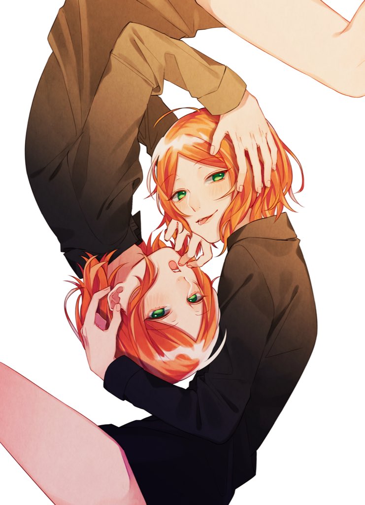 2boys :p aoi_hinata aoi_yuta bare_legs black_shirt collared_shirt ensemble_stars! fingers_to_mouth green_eyes hand_on_another&#039;s_head long_sleeves looking_at_viewer lying male_focus medium_hair multiple_boys on_side open_mouth orange_hair parted_bangs shirt short_hair siblings symmetrical_pose tawa_(eraremmm) tongue tongue_out tsurime twins