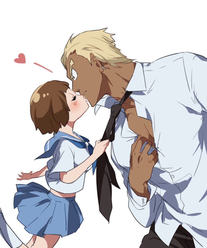 1boy 1girl black_necktie black_pants blonde_hair blue_neckerchief blue_sailor_collar blue_skirt blush bob_cut breasts brown_hair closed_eyes clothes_grab cropped_shirt dark-skinned_male dark_skin earrings gamagoori_ira hair_slicked_back heart hetero jewelry kayasamad kill_la_kill kiss kneehighs mankanshoku_mako medium_breasts muscular muscular_male neckerchief necktie pants protected_link pulling_another&#039;s_clothes sailor_collar school_uniform serafuku shirt short_hair skirt socks white_background white_shirt