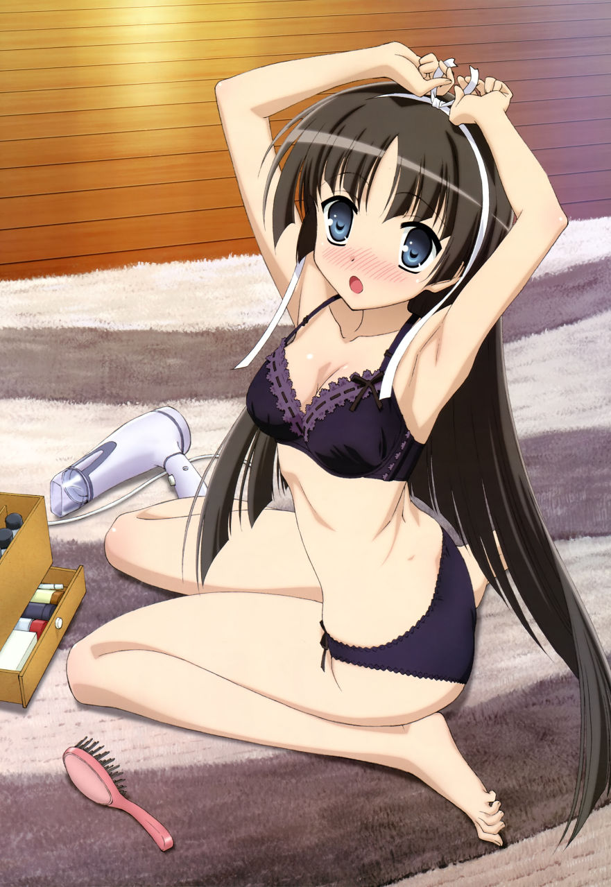 1girl armpits barefoot black_hair black_panties blush bra breasts cleavage feet female_focus full_body green_eyes hair_dryer hair_ribbon hairband hidan_no_aria highres hotogi_shirayuki iwakura_kazunori legs lingerie long_hair nyantype official_art panties ribbon side-tie_panties sitting solo toes underwear very_long_hair wariza