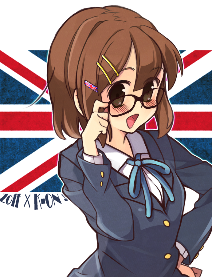 1girl bespectacled blue_ribbon blush brown-framed_eyewear brown_eyes brown_hair copyright_name flag_hair_ornament glasses grey_jacket hair_ornament hairclip hirasawa_yui jacket k-on! looking_at_viewer lr. open_mouth ribbon school_uniform shirt short_hair solo union_jack white_shirt zoff_(company)