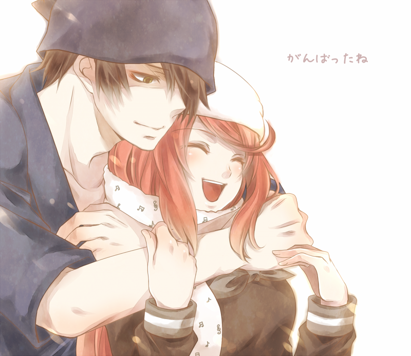 10s 1boy 1girl bad_id bad_pixiv_id ban_airi beanie black_hair closed_eyes devil_survivor_(series) devil_survivor_2 hair_over_one_eye hat hetero hug hug_from_behind long_hair musical_note musical_note_print open_mouth orange_hair quaver scarf school_uniform serafuku sidelocks simple_background smile torii_jungo treble_clef white_background