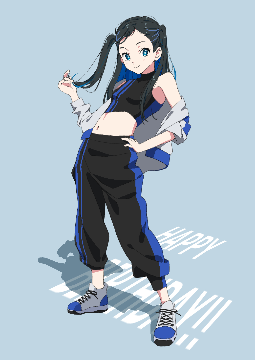 1girl 22/7 black_hair blue_background blue_eyes blue_hair closed_mouth full_body gradient_hair hand_on_own_hip happy_birthday highres holding holding_own_hair jacket long_hair looking_to_the_side multicolored_hair multicolored_shirt navel nishiura_sora open_clothes open_jacket pants shoes sleeveless smile solo tanpaku_(oqu_2) track_pants two_side_up