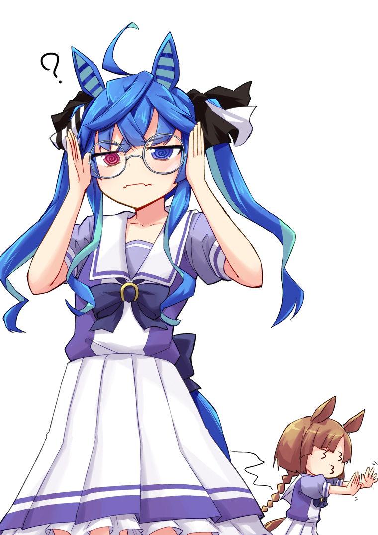 2girls 3_3 ? adjusting_eyewear ahoge animal_ears aqua_hair back_bow bespectacled black_ribbon blue_eyes blue_hair bow bowtie braid braided_ponytail brown_hair closed_mouth commentary crossed_bangs fang frown glasses grey-framed_eyewear hair_ribbon half-closed_eyes heterochromia horse_ears horse_girl horse_tail ikuno_dictus_(umamusume) kakizaki_(chou_neji) long_hair looking_at_viewer medium_skirt motion_lines multiple_girls pleated_skirt puffy_short_sleeves puffy_sleeves purple_bow purple_bowtie purple_eyes purple_shirt ribbon sailor_collar school_uniform serafuku shirt short_sleeves sidelocks simple_background single_braid skin_fang skirt standing tail tracen_school_uniform twin_turbo_(umamusume) twintails umamusume white_background white_sailor_collar white_skirt