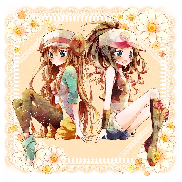 10s 2girls amamiya_kabosu bad_id bad_pixiv_id baseball_cap black_legwear blue_eyes blush boots brown_hair denim denim_shorts double_bun flower framed hair_bun hat hilda_(pokemon) long_hair looking_at_viewer multiple_girls nintendo open_mouth pantyhose pantyhose_under_shorts pokemon pokemon_bw pokemon_bw2 raglan_sleeves rosa_(pokemon) shoes shorts skirt sneakers twintails very_long_hair vest visor_cap wristband