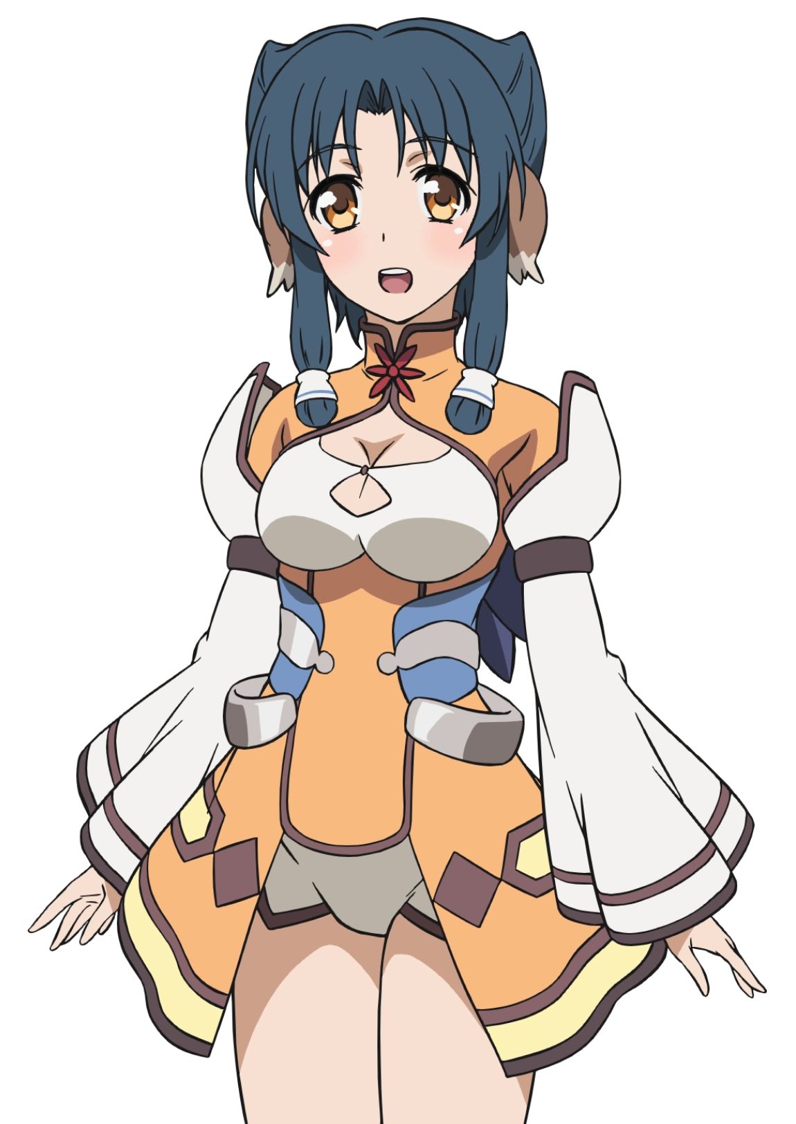 1girl ainu_clothes animal_ears aquaplus atuy bare_legs blue_hair blush breasts cleavage cleavage_cutout clothing_cutout cowboy_shot dress gradient_eyes hair_over_shoulder highres large_breasts legs_together long_sleeves looking_at_viewer multicolored_eyes nakata_masahiko official_art open_mouth orange_eyes parted_bangs raised_eyebrows short_hair_with_long_locks short_shorts shorts sidelocks solo standing teeth thighs thighs_together tongue transparent_background utawarerumono utawarerumono:_futari_no_hakuoro utawarerumono:_itsuwari_no_kamen white_fox_(company) wide_sleeves