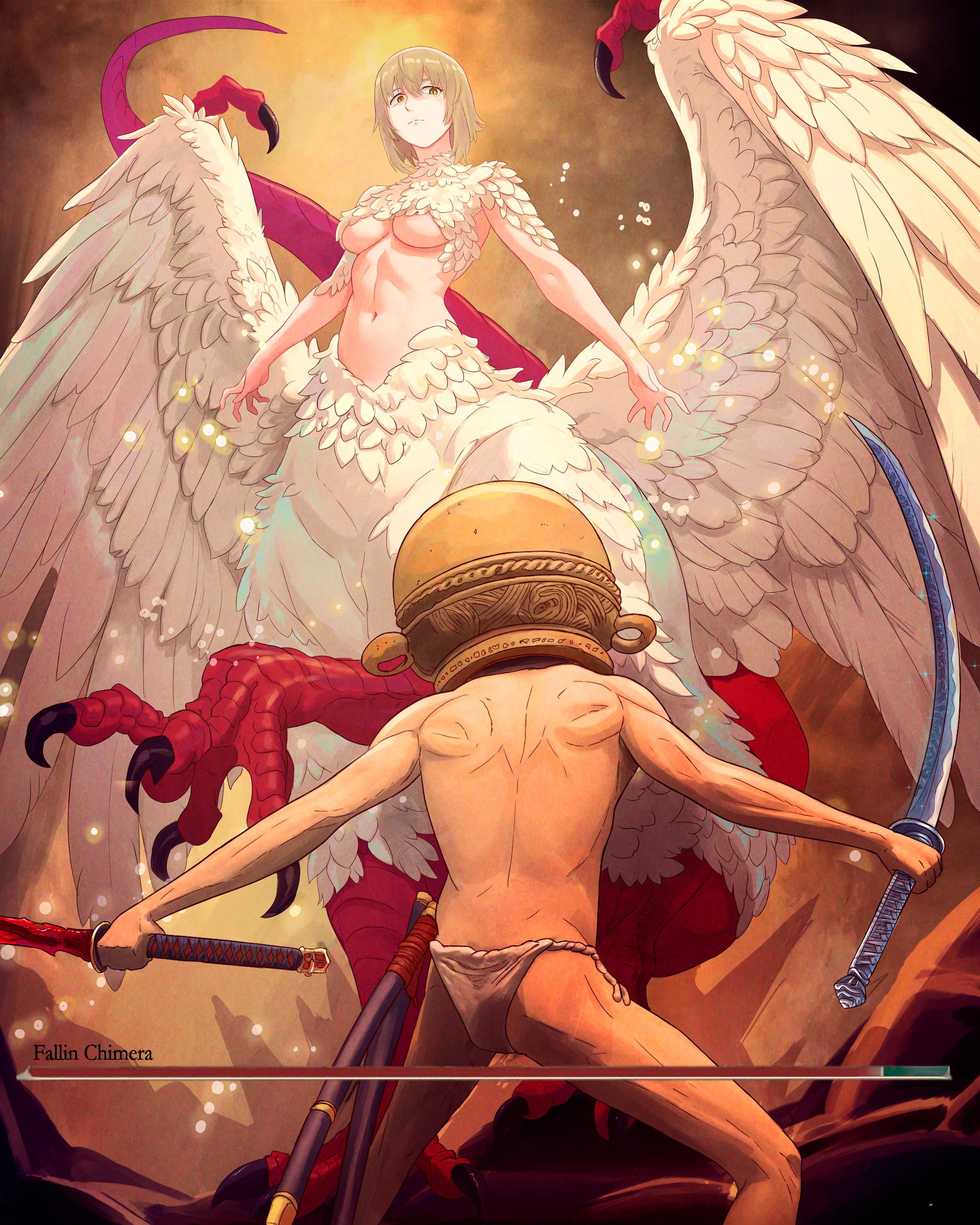 1boy 1girl absurdres ass breasts covered_eyes dual_wielding dungeon_meshi elden_ring falin_touden falin_touden_(chimera) highres holding holding_weapon katana let_me_solo_her monster_girl muscular muscular_male navel pot_on_head sword truejekart weapon wings