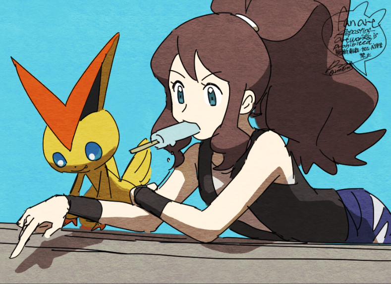 1girl black_vest blue_shorts brown_hair commentary_request eyelashes food gen_5_pokemon green_eyes hilda_(pokemon) legendary_pokemon long_hair mouth_hold mythical_pokemon nintendo pointing pokemon pokemon_(creature) pokemon_bw ponytail popsicle sagemaru-br shirt shorts sidelocks signature sleeveless sleeveless_shirt vest victini white_shirt