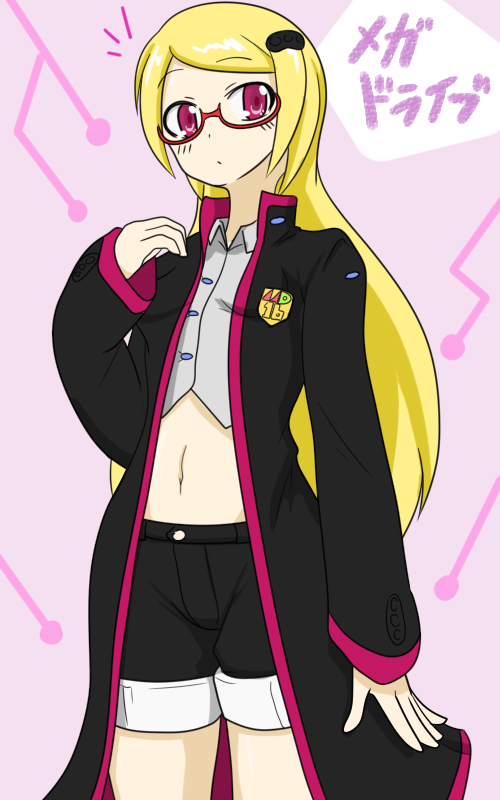 borapy glasses mega_drive midriff_peek notice_lines oversized_coat pink_eyes sega_hard_girls sega_mega_drive_(sega_hard_girls) undressing