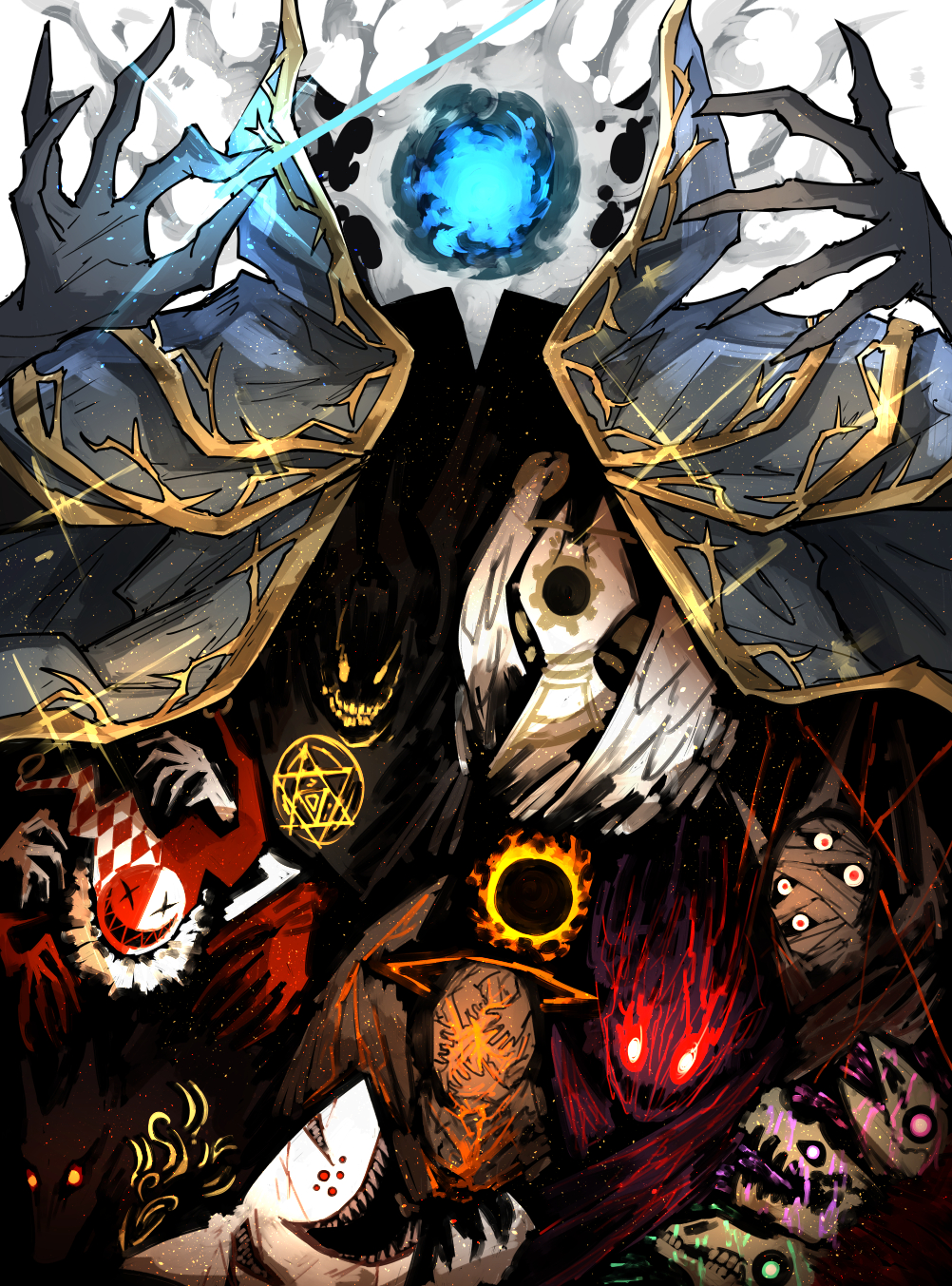 animal_skull argalia_(project_moon) conductor_baton bremen_(project_moon) conductor eileen_(project_moon) elena_(project_moon) extra_arms extra_eyes extra_mouth faceless feathered_wings flaming_eyes glyph gold_trim greta_(project_moon) halo highres holding jae-heon kankan33333 library_of_ruina monster non-web_source oswald_(project_moon) philip_(project_moon) pluto_(project_moon) project_moon shark simple_background smile spoilers tanya_(project_moon) white_background wings wolf