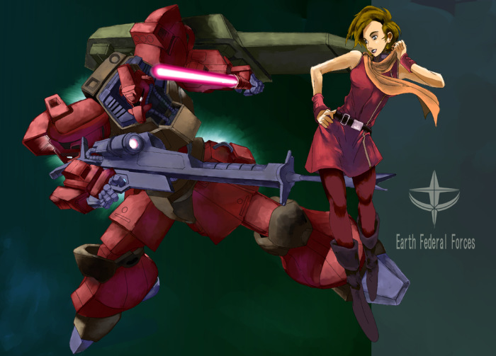 30ml bad_id bad_pixiv_id belt boots brown_hair dress energy_sword galbaldy_beta gun gundam lila_milla_rira mecha pantyhose robot scarf short_hair sword weapon wristband zeta_gundam