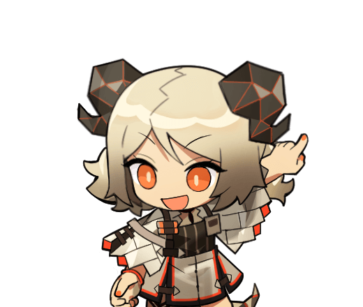 1girl arknights black_horns blonde_hair bright_pupils chibi chibi_only chinese_commentary commentary_request dress fingernails grey_dress horns ifrit_(arknights) nail_polish no_nose open_mouth orange_eyes orange_nails outstretched_arm pointing short_hair simple_background smile solo transparent_background unknownlemon1 white_pupils