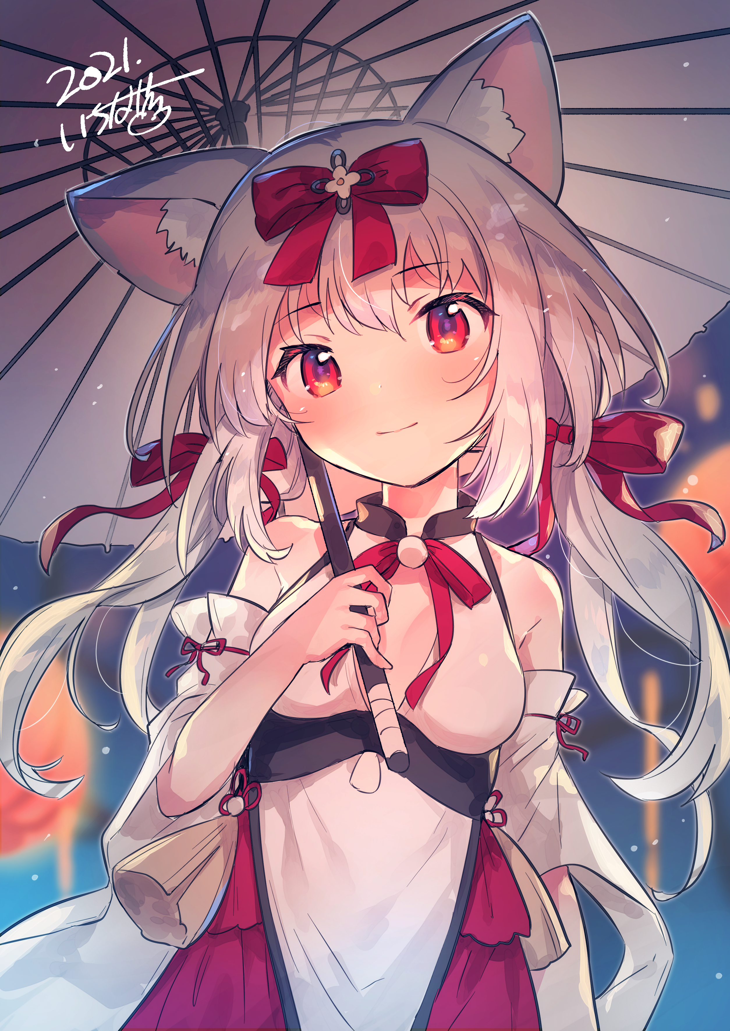 1girl absurdres animal_ear_fluff animal_ears azur_lane bare_shoulders blurry blurry_background bow breasts closed_mouth cloud commentary_request depth_of_field grey_hair grey_umbrella hair_between_eyes hair_bow highres holding holding_umbrella ichihaya long_hair long_sleeves looking_at_viewer low_twintails medium_breasts night night_sky outdoors red_bow red_skirt signature skirt sky smile solo twintails umbrella white_sleeves wide_sleeves yukikaze_(azur_lane)