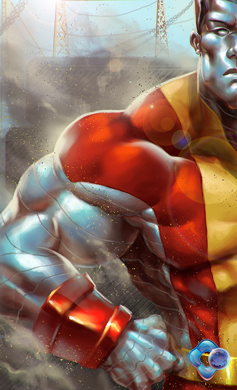1boy armband chain colossus_(x-men) dr-conz dust_cloud hand_on_own_hip male_focus marvel metal_skin muscular muscular_male red_armband signature superhero_costume x-men