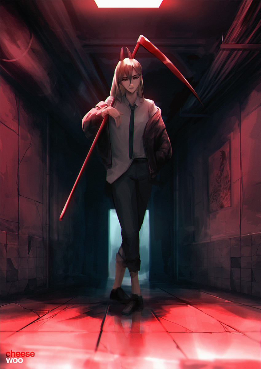 1girl artist_name blonde_hair chainsaw_man cheesewoo closed_mouth collared_shirt crossed_legs demon_horns full_body hair_between_eyes hallway hand_in_pocket hemokinesis highres holding holding_scythe horns jacket long_hair necktie off_shoulder over_shoulder pants pants_rolled_up power_(chainsaw_man) red_theme scythe shirt solo watson_cross weapon weapon_over_shoulder white_shirt