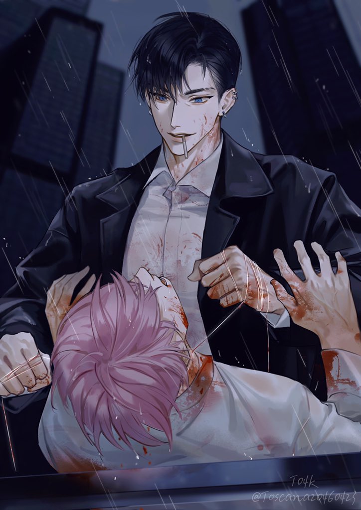 2boys artist_name asphyxiation black_hair black_jacket blood blood_on_clothes blood_on_face blood_on_hands blood_on_neck blue_eyes cigarette city cloud cloudy_sky commentary ear_piercing earrings english_commentary grey_sky hands_up holding holding_cigarette jacket jewelry looking_at_another male_focus multiple_boys murder open_mouth original parted_lips piercing pink_hair rain shirt short_hair sky smile strangling teeth thick_lips toscana20460423 twitter_username upper_body veins veiny_hands white_shirt