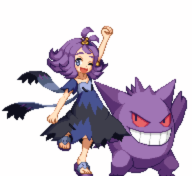 1girl ;d acerola_(pokemon) arm_up blush collarbone colored_sclera creatures_(company) dress elite_four flat_chest flipped_hair full_body game_freak gen_1_pokemon gengar grin hair_ornament half_updo leg_up lowres nintendo one_eye_closed open_mouth pixel_art pokemon pokemon_(creature) pokemon_sm purple_eyes purple_hair red_sclera sandals shirokuro_(oyaji) short_hair short_sleeves simple_background smile standing standing_on_one_leg stitches tongue torn_clothes torn_dress torn_sleeves trial_captain white_background