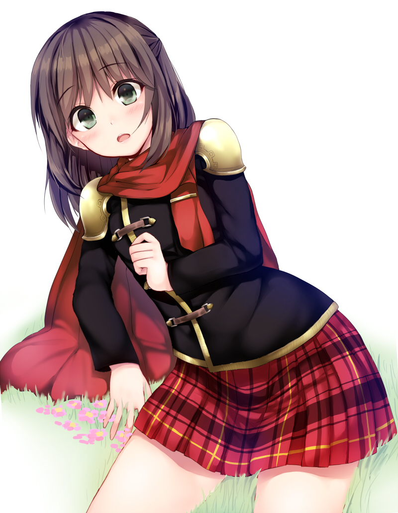 1girl brown_hair deuce_(fft-0) female_focus final_fantasy final_fantasy_type-0 grass green_eyes kamanatsu long_hair red_skirt simple_background sitting skirt solo white_background