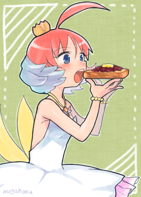 1girl ahiru_(princess_tutu) bare_shoulders bead_bracelet beads blue_eyes blush bracelet bread bread_slice dress eating food holding holding_food jewelry mogamiya_honu necktie open_mouth princess_tutu princess_tutu_(character) red_hair short_hair signature simple_background solo teeth toast tutu upper_teeth_only white_dress