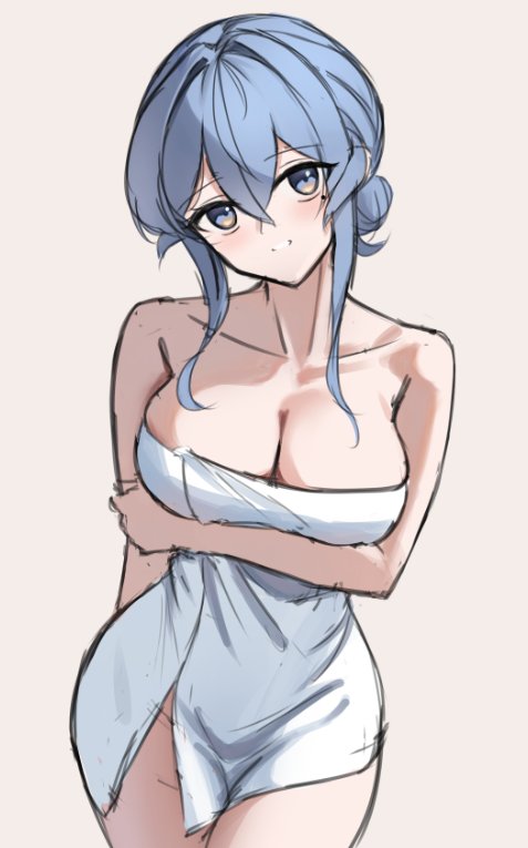 1girl arm_under_breasts blue_eyes blue_hair breasts cowboy_shot dimos_(dawn_1945) gotland_(kancolle) hair_between_eyes hair_bun kantai_collection large_breasts looking_at_viewer mole mole_under_eye naked_towel sidelocks simple_background single_hair_bun sketch smile solo towel white_background