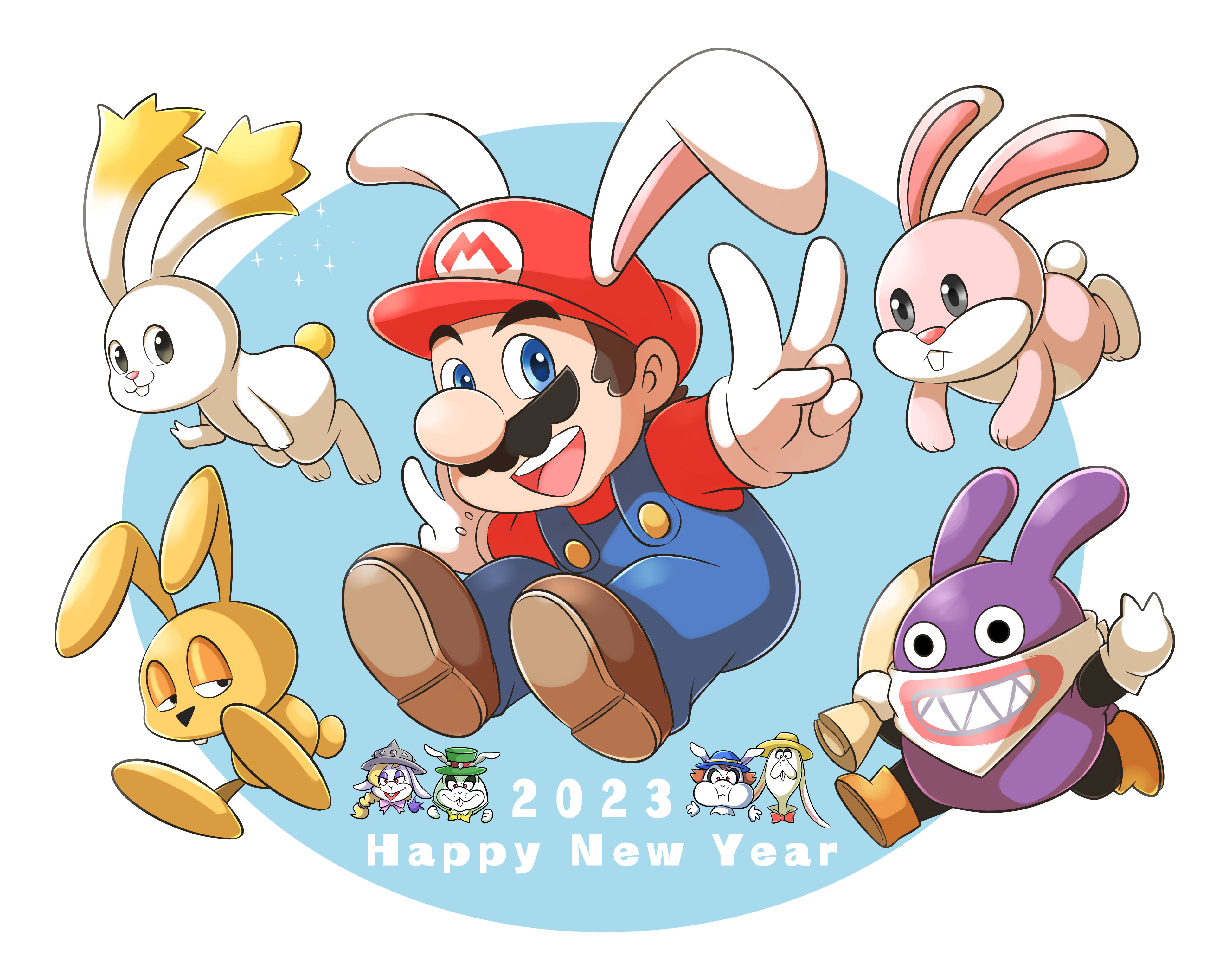 1girl 2023 3boys :d absurdres animal_ears aogaeru_(pixiv46613656) bandana bandana_over_mouth black_eyes blue_eyes blue_overalls blue_pants blurry blurry_background brown_footwear brown_hair buck_teeth bunny_mario buttons chinese_zodiac closed_mouth commentary commentary_request english_commentary facial_hair fake_animal_ears gloves happy_new_year hariet_(mario) hat highres holding holding_sack long_sleeves looking_at_viewer mario mario_(series) mips mixed-language_commentary multiple_boys mustache nabbit new_super_mario_bros._u new_year nintendo open_mouth overalls pants rabbit rabbit_ears rango_(mario) red_headwear red_shirt sack shirt shoes short_hair simple_background smile sparkle spewart star_bunny super_mario_3d_world super_mario_64 super_mario_galaxy super_mario_land_2 super_mario_odyssey teeth topper_(mario) two-tone_background upper_teeth_only v white_background white_bandana white_gloves year_of_the_rabbit