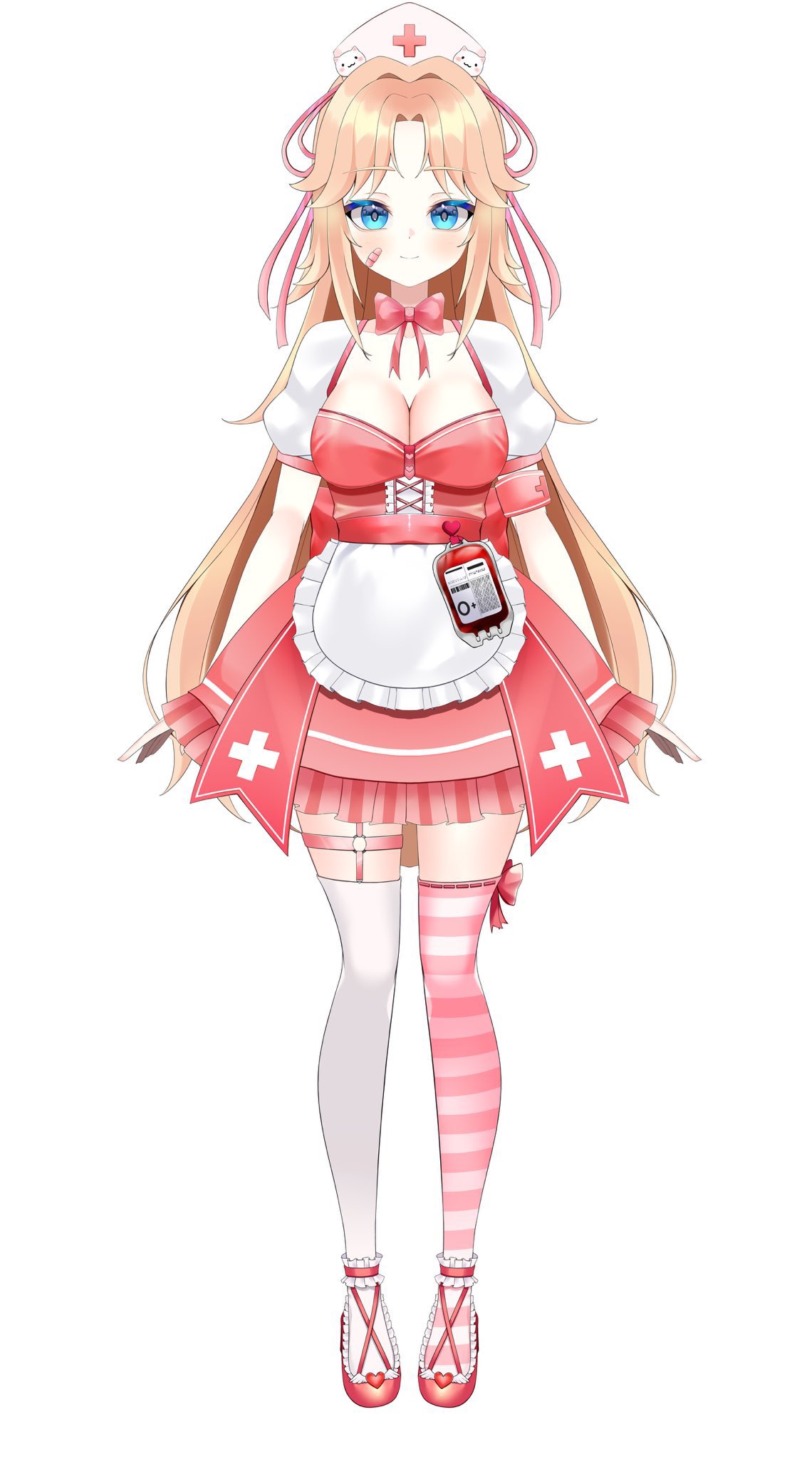 1girl ankle_garter apron armband artist_request asymmetrical_legwear bandaid bandaid_on_cheek bandaid_on_face blonde_hair blood blood_bag blood_type blue_eyes blush bow bowtie breasts cleavage closed_mouth cross cross_print dress frilled_dress frills full_body hair_ribbon hat highres indie_virtual_youtuber legwear_garter long_hair medium_breasts mismatched_legwear nurse nurse_cap o-ring o-ring_legwear_garter pink_bow pink_bowtie pink_dress pink_ribbon pink_shoes pink_thighhighs puffy_short_sleeves puffy_sleeves red_sash ribbon sash second-party_source shoes short_sleeves simple_background single_legwear_garter smile solo standing striped_clothes striped_thighhighs sugar_ser0 tachi-e thighhighs virtual_youtuber waist_apron white_apron white_background white_thighhighs zettai_ryouiki