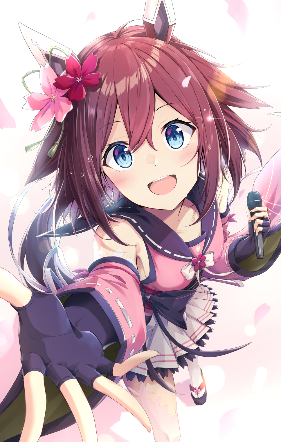 1girl :d animal_ears blue_eyes brown_hair commentary_request detached_sleeves ear_covers flower hair_flower hair_ornament highres holding holding_microphone horse_ears horse_girl long_hair looking_at_viewer microphone murasaki_himuro open_mouth pink_flower pink_sleeves red_flower sakura_chiyono_o_(umamusume) short_hair smile solo umamusume