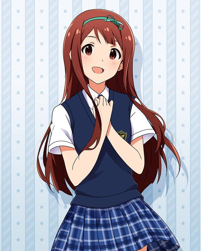 1girl :d aqua_background blue_skirt blue_sweater_vest blush breasts brown_eyes brown_hair card_(medium) collared_shirt cowboy_shot hairband hands_up idolmaster idolmaster_million_live! idolmaster_million_live!_theater_days long_hair looking_at_viewer medium_breasts official_art open_mouth own_hands_together plaid_clothes plaid_skirt pleated_skirt school_uniform shirt short_sleeves sidelocks skirt smile solo summer_highschool_(idolmaster) summer_uniform_series_(idolmaster) sweater_vest tanaka_kotoha white_shirt