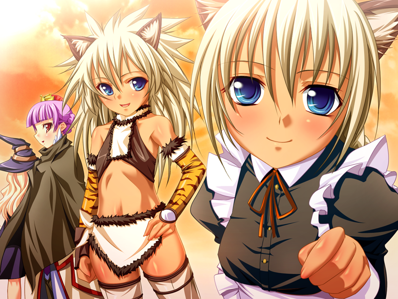 2girls agnes_ardbeg_augustus animal_ears blonde_hair blush cat_ears cleo_cragganmore crown game_cg glowing glowing_eyes harem_party hat long_hair multiple_girls nia_schlichte purple_hair red_eyes smile uru_schlichte witch_hat