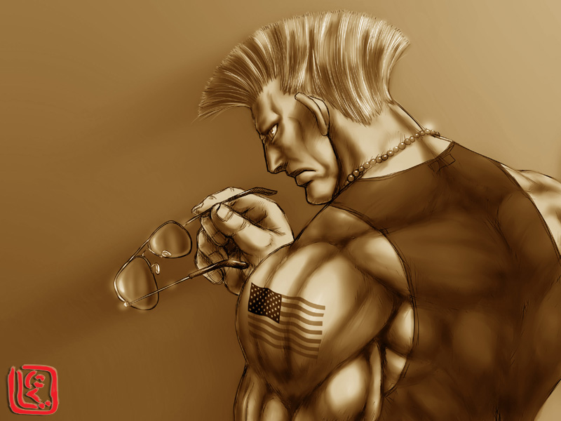 1boy american_flag aviator_sunglasses capcom dog_tags unworn_eyewear flattop guile holding holding_removed_eyewear male_focus monochrome muscular nikuji-kun sepia short_hair solo street_fighter sunglasses tattoo