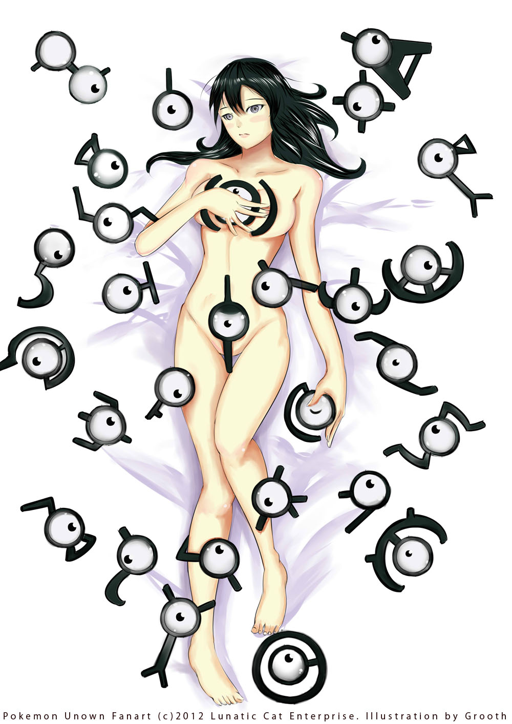 10s 1girl 2012 animeotoko_(grooth) artist_name barefoot bed black_hair breasts censored convenient_censoring dakimakura_(medium) full_body gen_2_pokemon grey_eyes highres long_hair lying nintendo nude on_back personification pokemon pokemon_(creature) unown unown_! unown_? unown_a unown_b unown_c unown_d unown_e unown_f unown_g unown_h unown_i unown_j unown_k unown_l unown_m unown_n unown_o unown_p unown_q unown_r unown_s unown_t unown_u unown_v unown_w unown_x unown_y unown_z