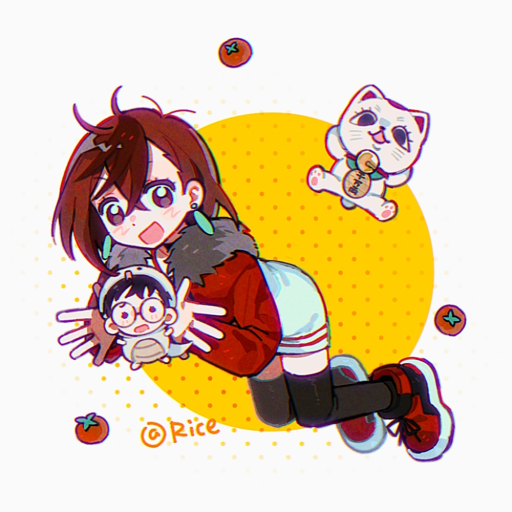 1boy 1girl :d ayase_momo black_hair black_thighhighs brown_hair chinese_commentary chromatic_aberration commentary_request cosplay dandadan dress earrings film_grain full_body fur-trimmed_jacket fur_trim jacket jewelry kigurumi maneki-neko medium_hair mini_person miniboy open_mouth red_eyes red_jacket red_shoes rice_(somasuki_77) shoes short_dress smile takakura_ken_(dandadan) thighhighs tomato turbo_granny_(dandandan) white_dress