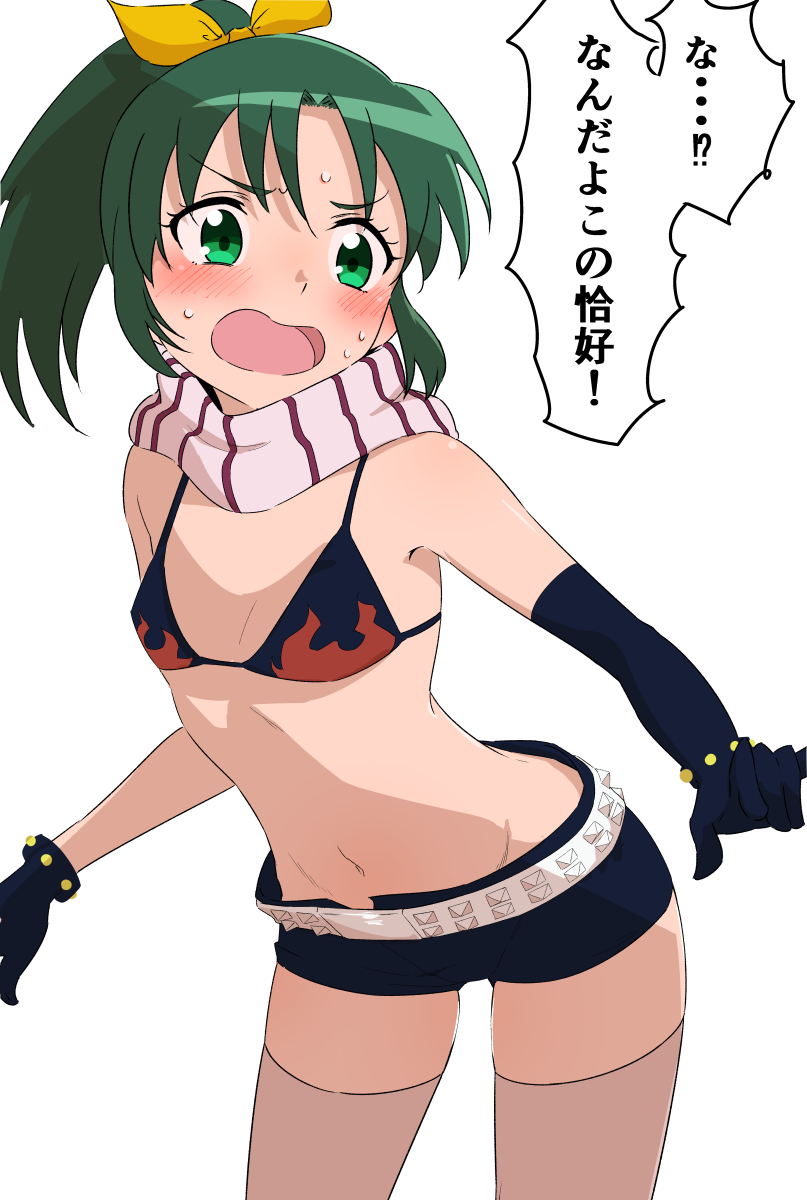 1girl ankou_kyoudai asymmetrical_gloves belt bikini bikini_top_only black_bikini black_gloves black_shorts blush bow cosplay elbow_gloves flat_chest floating_hair gloves green_eyes green_hair groin hair_bow highres inoue_marina leaning_forward long_hair midorikawa_nao midriff navel open_mouth ponytail precure scarf short_shorts shorts smile_precure! solo stomach striped_clothes striped_scarf sweatdrop swimsuit tengen_toppa_gurren_lagann thighhighs voice_actor_connection white_background white_belt white_thighhighs yellow_bow yoko_littner yoko_littner_(cosplay) zettai_ryouiki