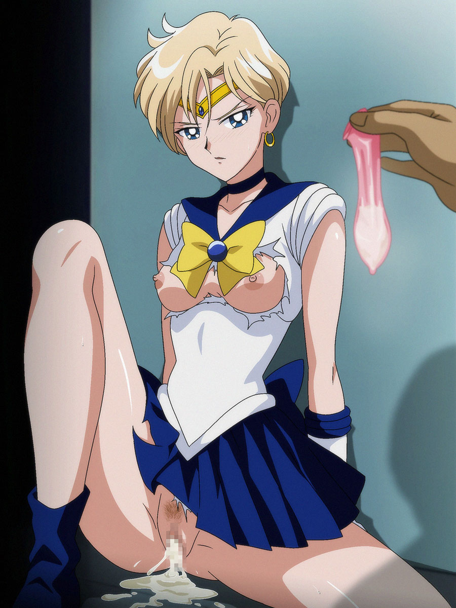 1boy 1girl after_vaginal aftersex bishoujo_senshi_sailor_moon blonde_hair blue_eyes breasts breasts_out condom cum cum_in_pussy earrings female_pubic_hair highres jewelry nipples pubic_hair sailor_uranus salmon_knight short_hair skirt ten&#039;ou_haruka torn_clothes used_condom