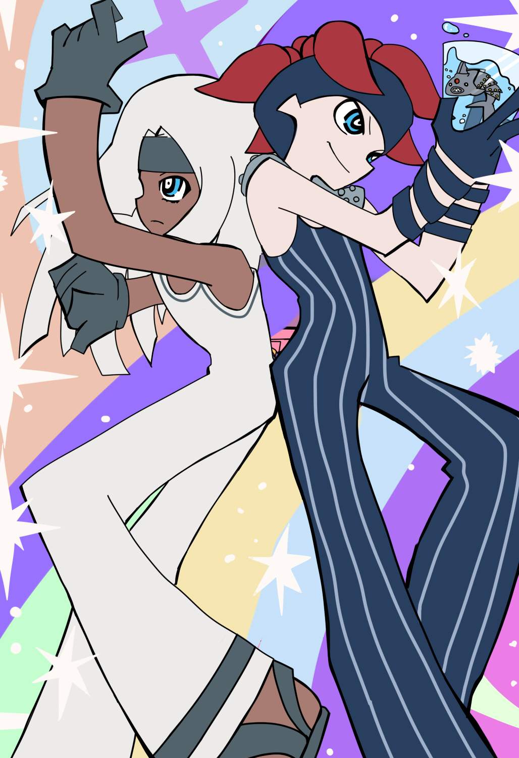 2boys blue_eyes clash_(stand) dark_skin dark-skinned_male headband highres jojo_no_kimyou_na_bouken male_focus multiple_boys panty_&amp;_stocking_with_garterbelt parody red_hair shark squalo stand_(jojo) style_parody tiziano ukihashi white_hair