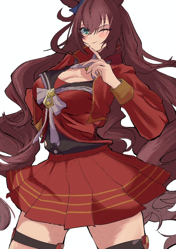 1girl animal_ears blue_eyes blush bow breasts brown_hair cleavage ear_bow fagrp12 garter_straps green_eyes hair_between_eyes horse_ears horse_girl horse_tail large_breasts long_hair long_sleeves looking_at_viewer maruzensky_(umamusume) one_eye_closed open_mouth red_serafuku red_skirt red_thighhighs school_uniform serafuku shirt simple_background skirt smile solo tail thighhighs umamusume white_background