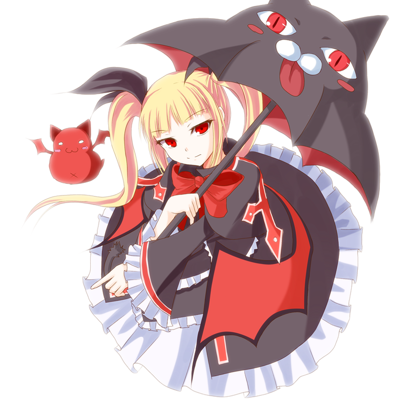 1girl :3 :p bat_(animal) bat_wings blazblue blonde_hair blush_stickers cat familiar gii hair_ribbon kusuri_(medicine) long_hair looking_at_viewer nago rachel_alucard red_eyes ribbon tongue tongue_out twintails umbrella wings