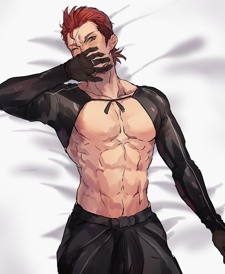 1boy abs bare_pectorals bed_sheet black_pants covering_own_mouth fire_emblem fire_emblem_fates gloves hashiko_(neleven) japanese_clothes looking_at_viewer lying male_focus muscular muscular_male navel nintendo on_back on_bed one_eye_closed pants pectorals red_eyes red_hair saizo_(fire_emblem) scar scar_across_eye scar_on_face short_hair solo stomach toned toned_male