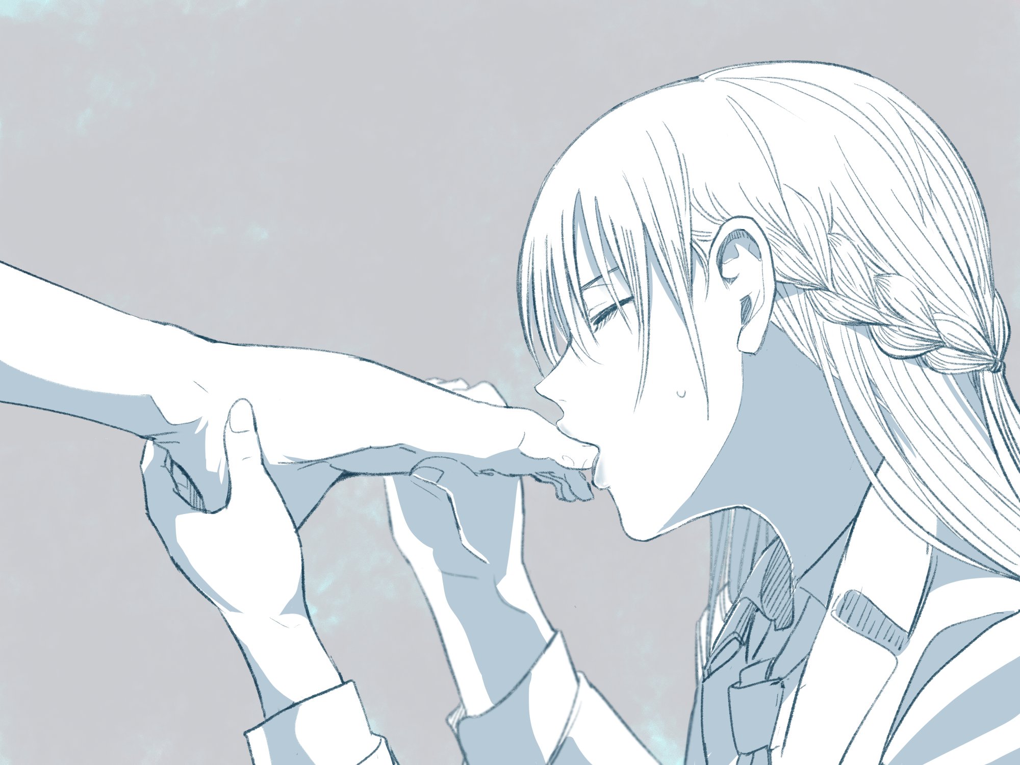 2girls barefoot braid closed_eyes collared_shirt commentary_request feet greyscale half_up_braid hand_on_another&#039;s_foot highres long_sleeves lr6fko4upypf9hv miyagi_shiori monochrome multiple_girls necktie saliva school_uniform sendai_hazuki shirt shuuniichido_classmate_wo_kau_hanashi sweatdrop toe_sucking toes yuri