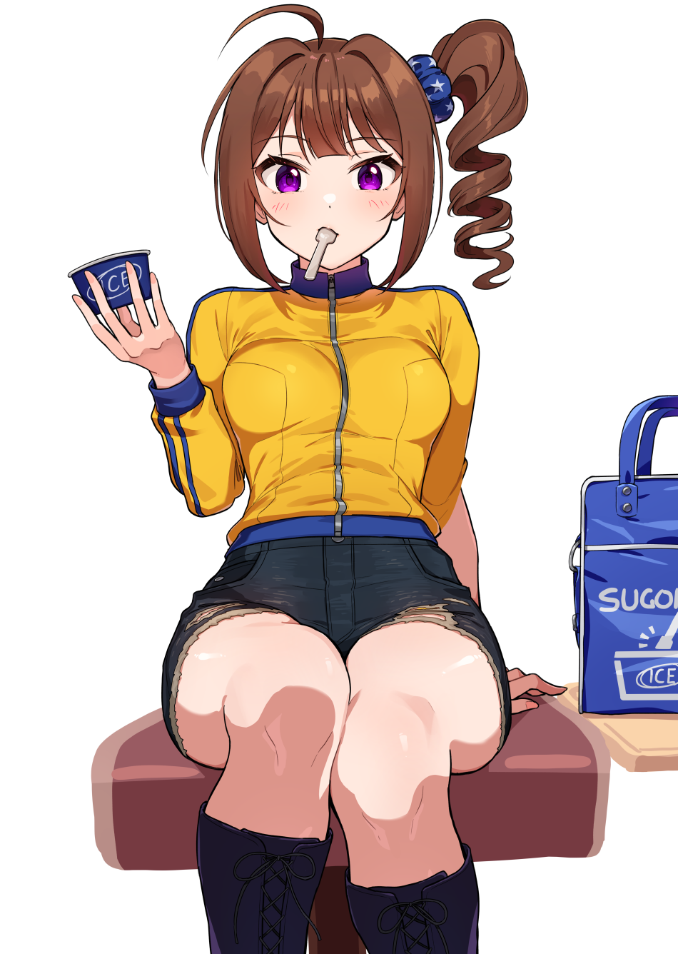 ahoge black_boots black_shorts blush boots breasts brown_hair cup feet_out_of_frame hair_intakes highres holding holding_cup idolmaster idolmaster_million_live! jacket kamille_(vcx68) knee_boots looking_at_viewer medium_breasts mouth_hold pink_eyes shorts side_ponytail simple_background sitting torn_clothes torn_shorts track_jacket white_background yellow_jacket yokoyama_nao