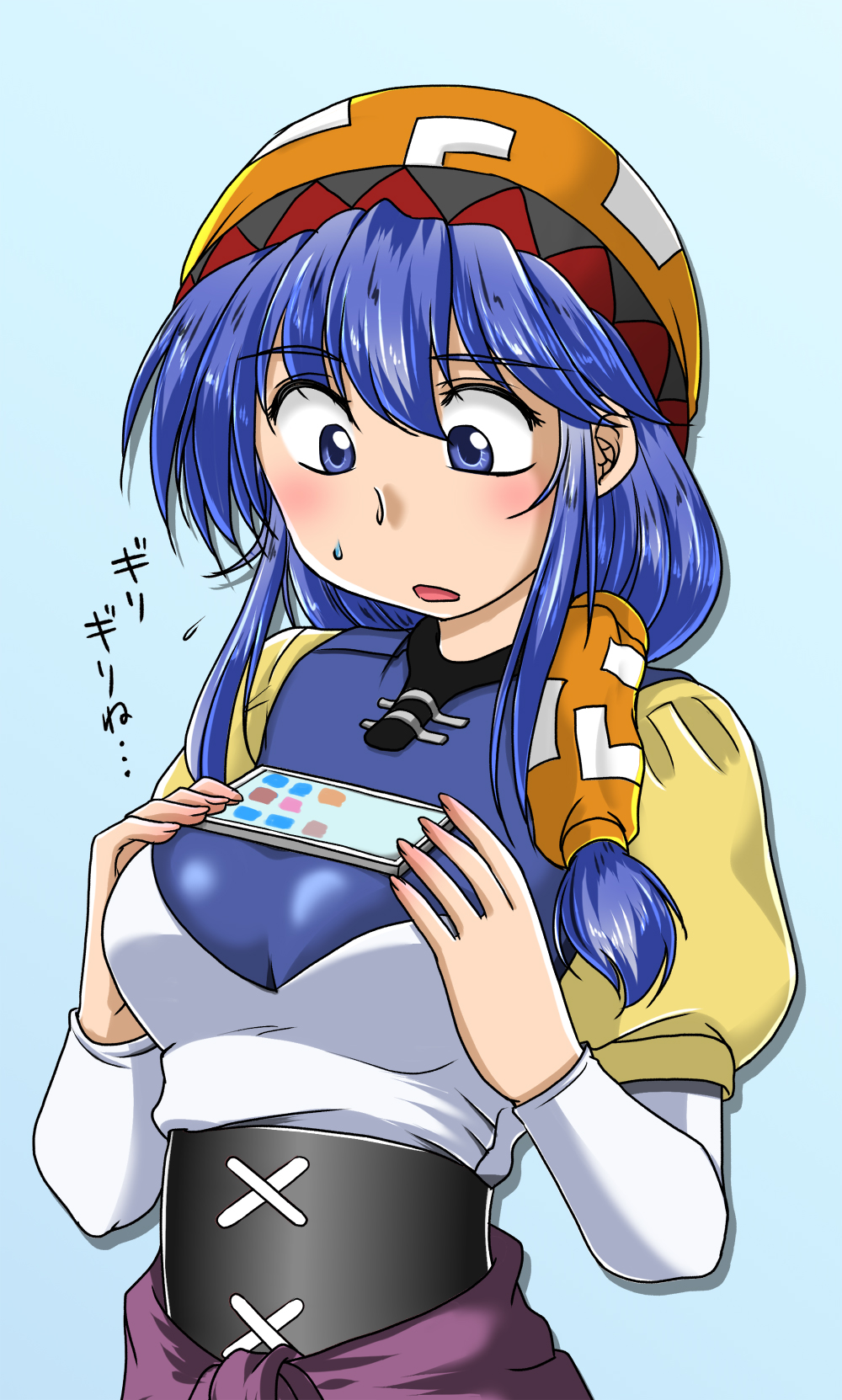 1girl bandana blue_eyes blue_hair blush breasts cellphone dress highres long_hair luna_noah lunar lunar:_the_silver_star motomiya_ryou open_mouth phone ponytail simple_background solo sweatdrop