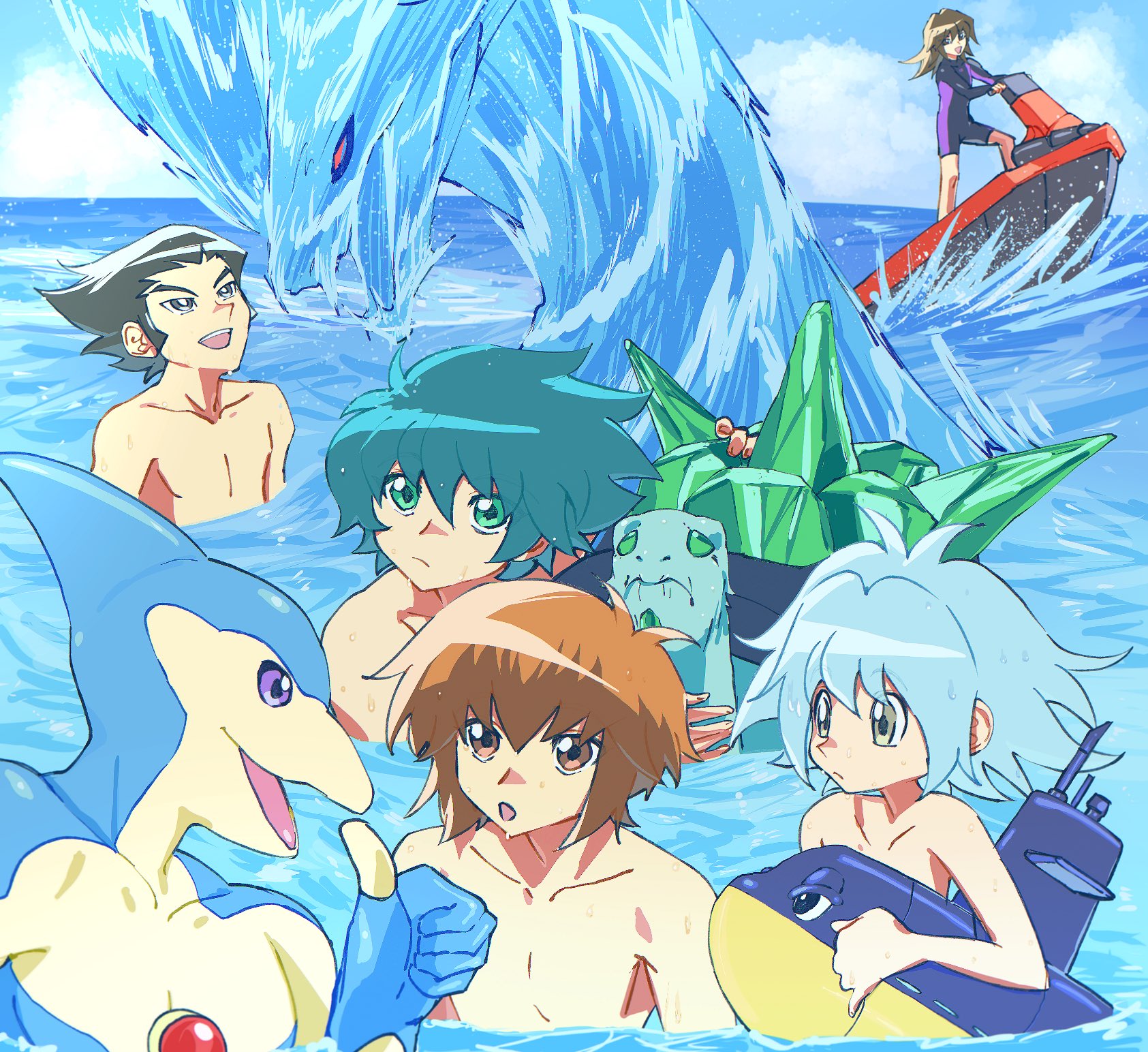 5boys :d blue_eyes blue_hair blue_sky brown_eyes brown_hair crystal_beast_emerald_tortoise day dolphin duel_monster green_eyes grey_eyes hair_between_eyes happy highres jet_ski johan_andersen long_hair male_focus marufuji_sho misawa_daichi multicolored_hair multiple_boys neo-spacian_aqua_dolphin ocean open_mouth outdoors riding short_hair sky smile swimming swimsuit tenjouin_fubuki thumbs_up tobali_c topless_male two-tone_hair water watercraft yu-gi-oh! yu-gi-oh!_gx yuki_judai